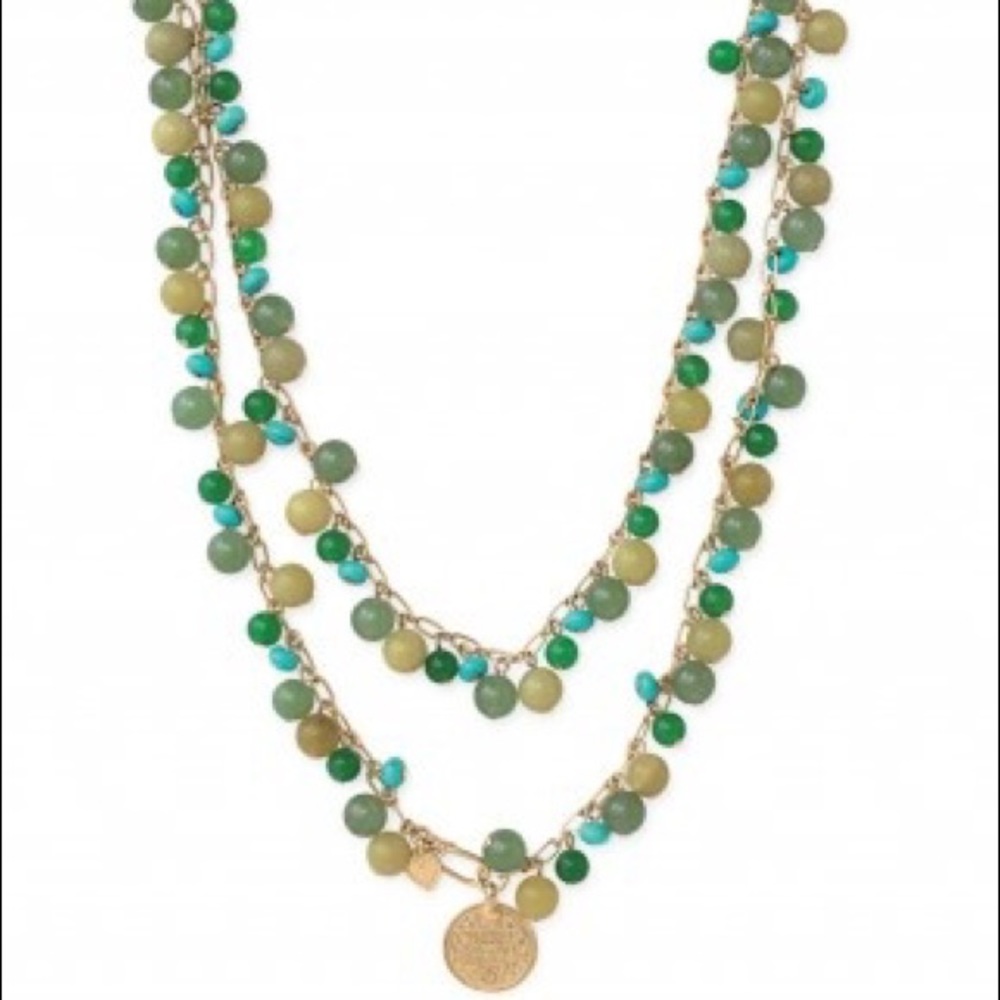 Calypso coin gold and green beaded necklace